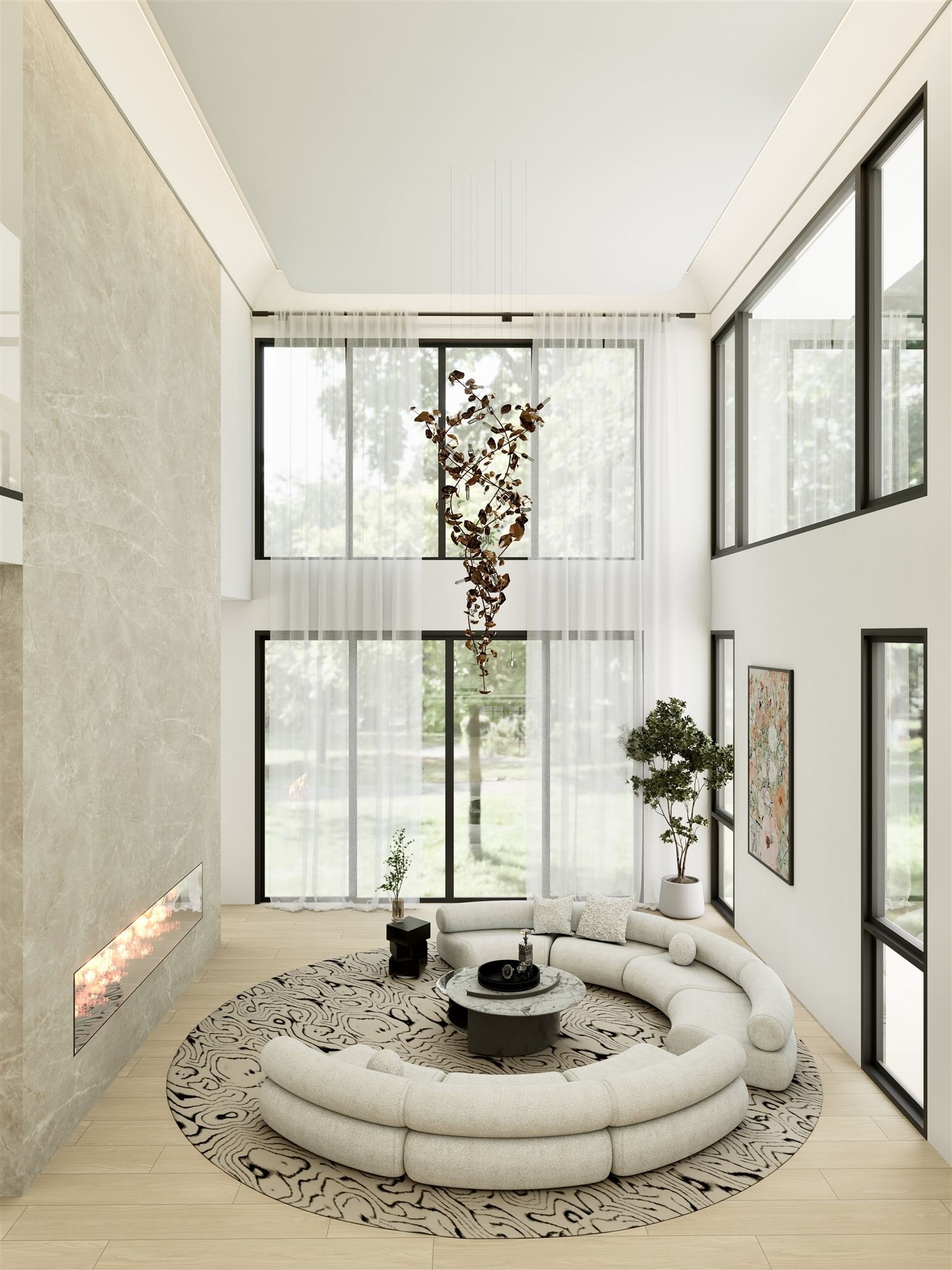 Great room from the entry, with stacked windows and the linear fireplace