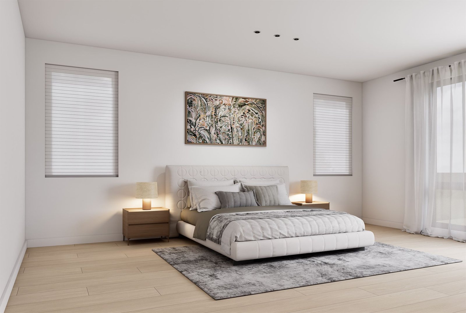 Bedroom with an upholstered bed and two windows