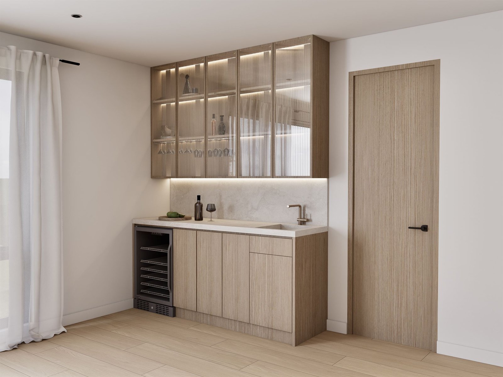 Oak bar with lit fluted-glass upper cabinets and a beverage cooler