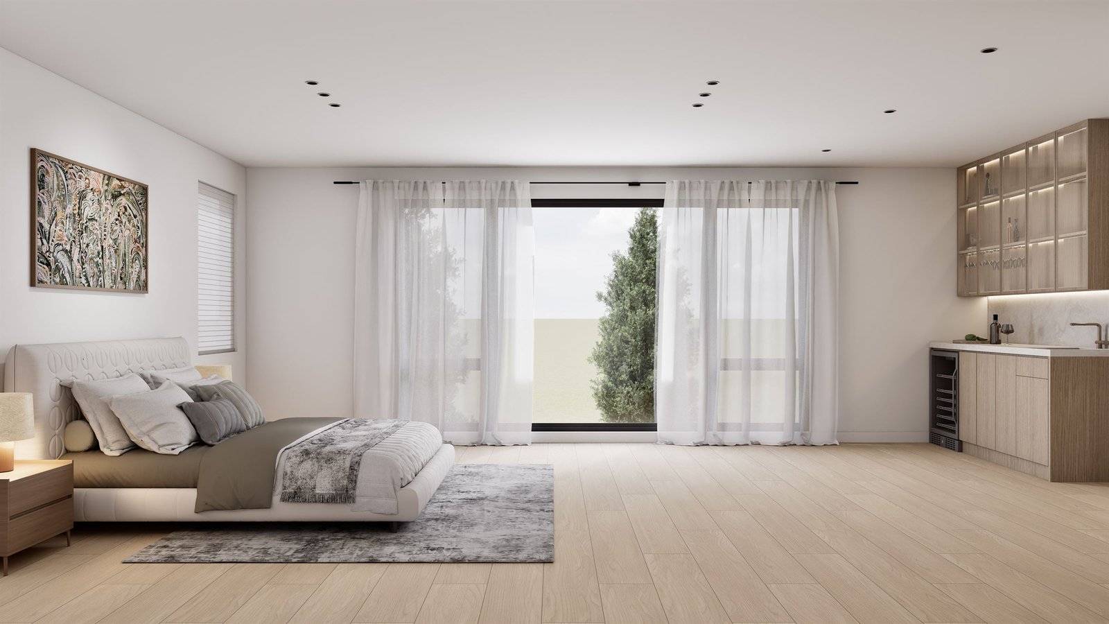 Primary bedroom with a low bed, sheer curtains and a built-in bar at the far end