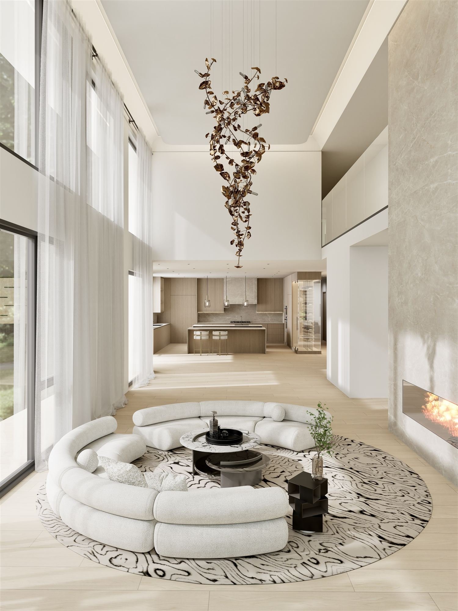 Great room with a curved sofa, a sculptural pendant and a linear fireplace in a stone wall