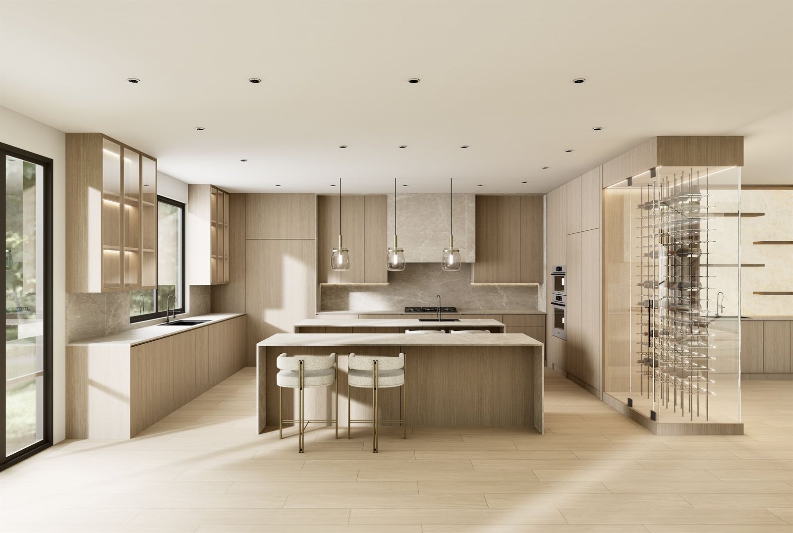 Kitchen seen straight on, with a glazed display cabinet to the right