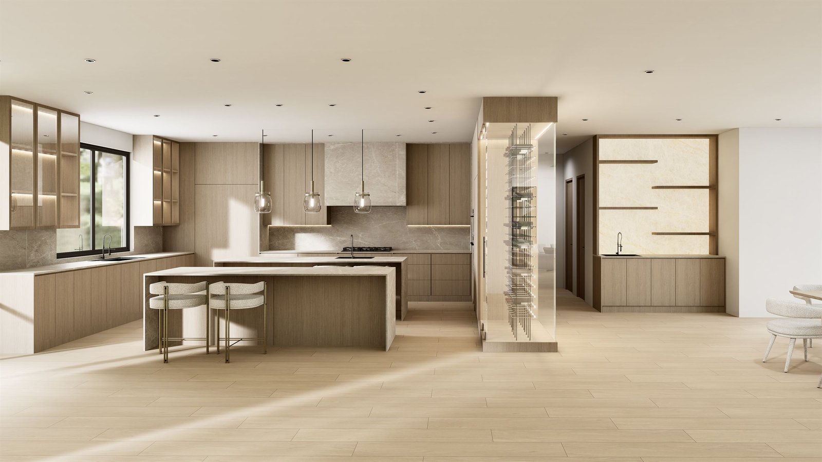 Wide view of the kitchen with glass-front upper cabinets