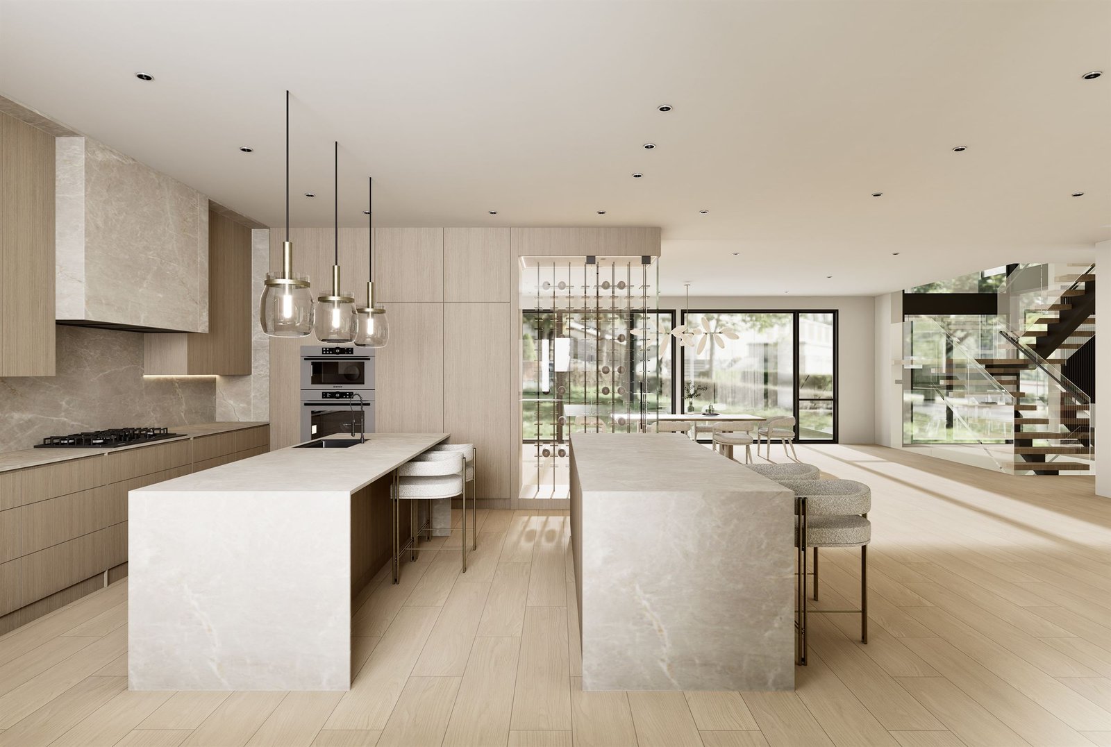Kitchen with two waterfall islands, glass pendants and a view through to a floating stair