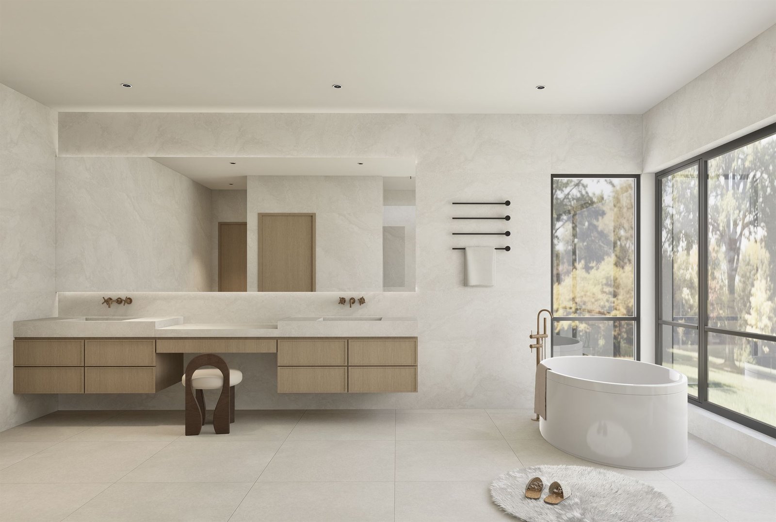Bath with a long floating vanity, a dressing stool and a freestanding tub by the window