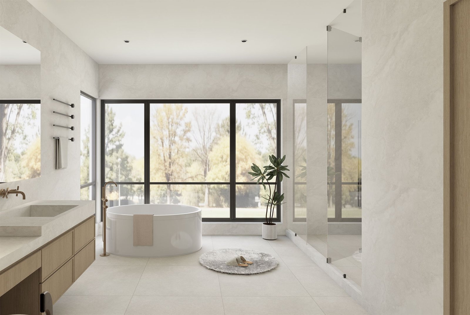 Round soaking tub in front of a corner window