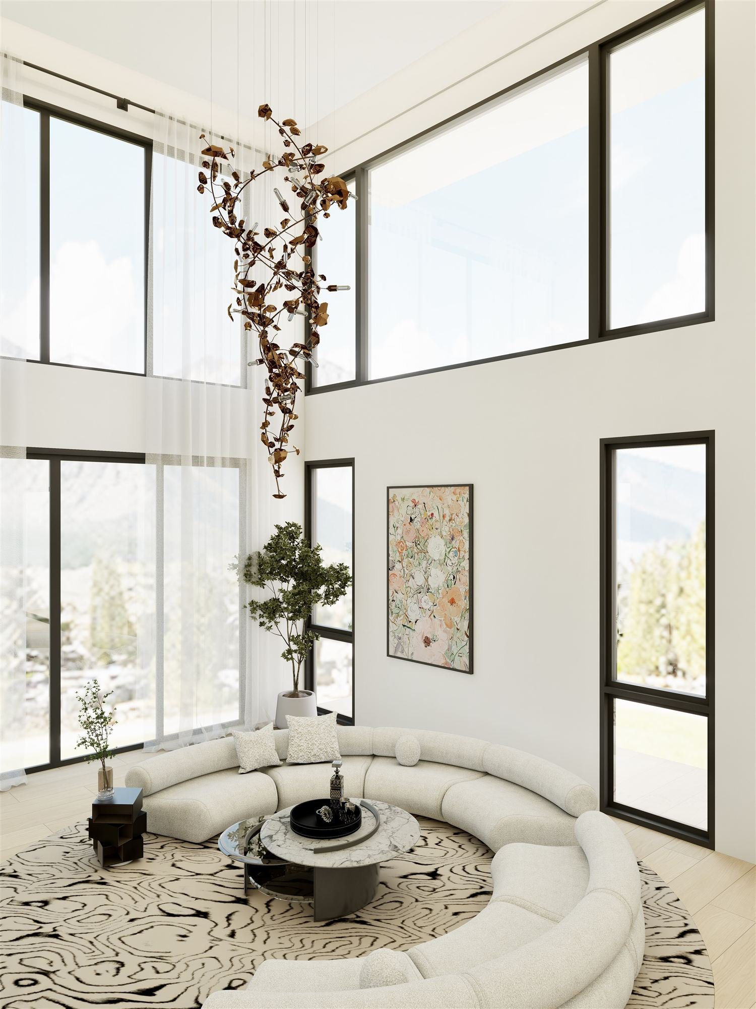Great room seen from the corner, with artwork and a tall plant