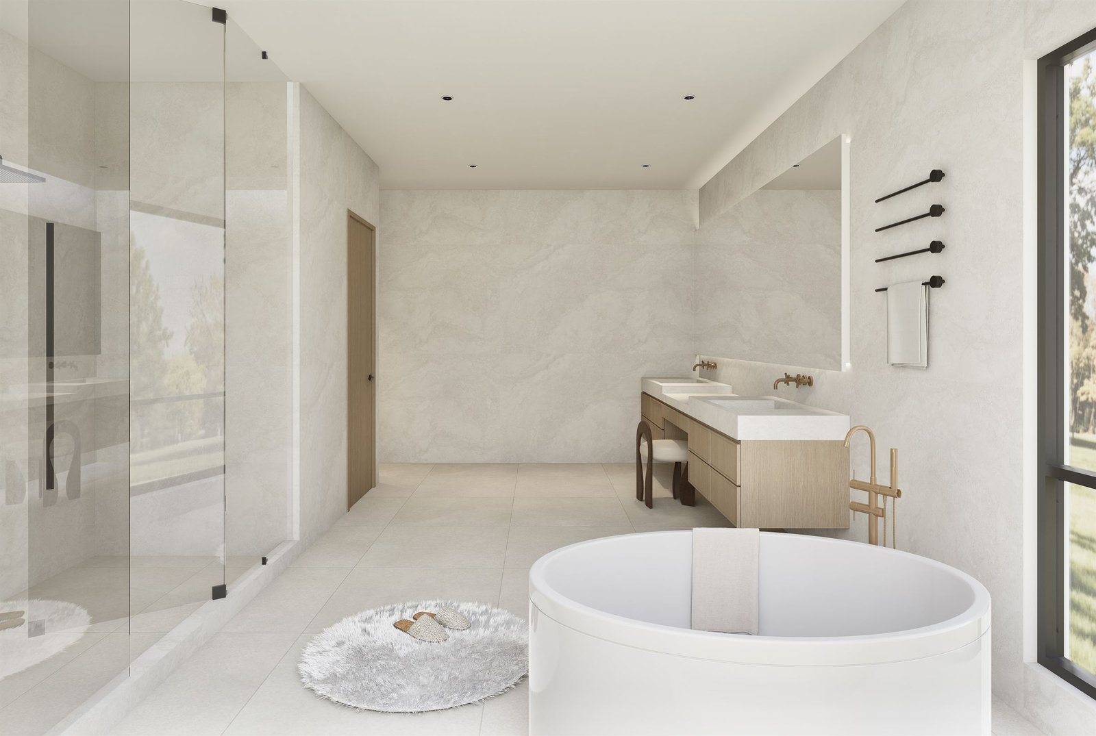 Bath with a glass shower enclosure and a freestanding tub