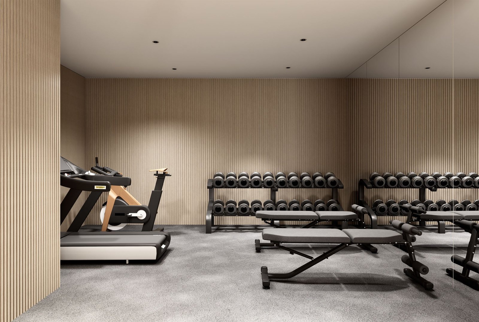 Fitness room with treadmill, bike and dumbbell racks