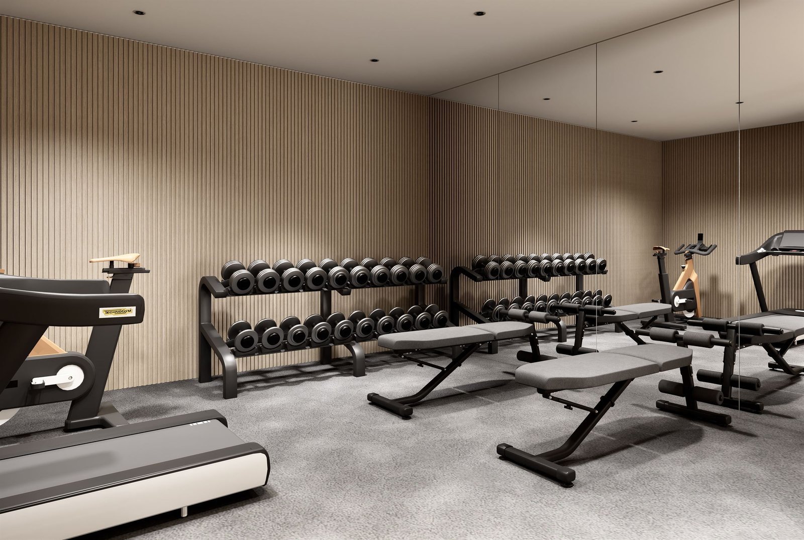 Fitness room from the treadmill end, with benches and racks