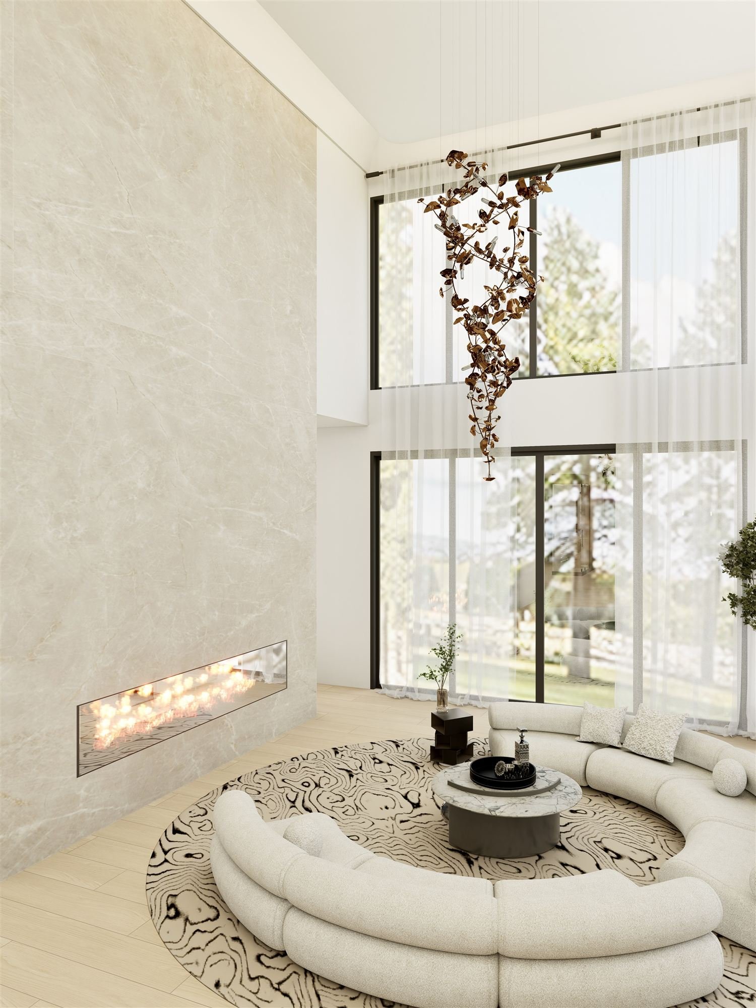 Stone fireplace wall rising to the ceiling