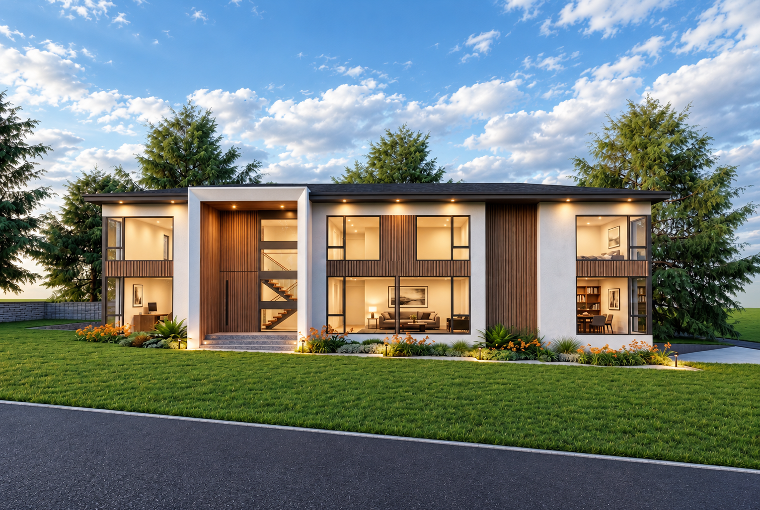 Front of the house in daylight, with white stucco, wood cladding and black-framed windows