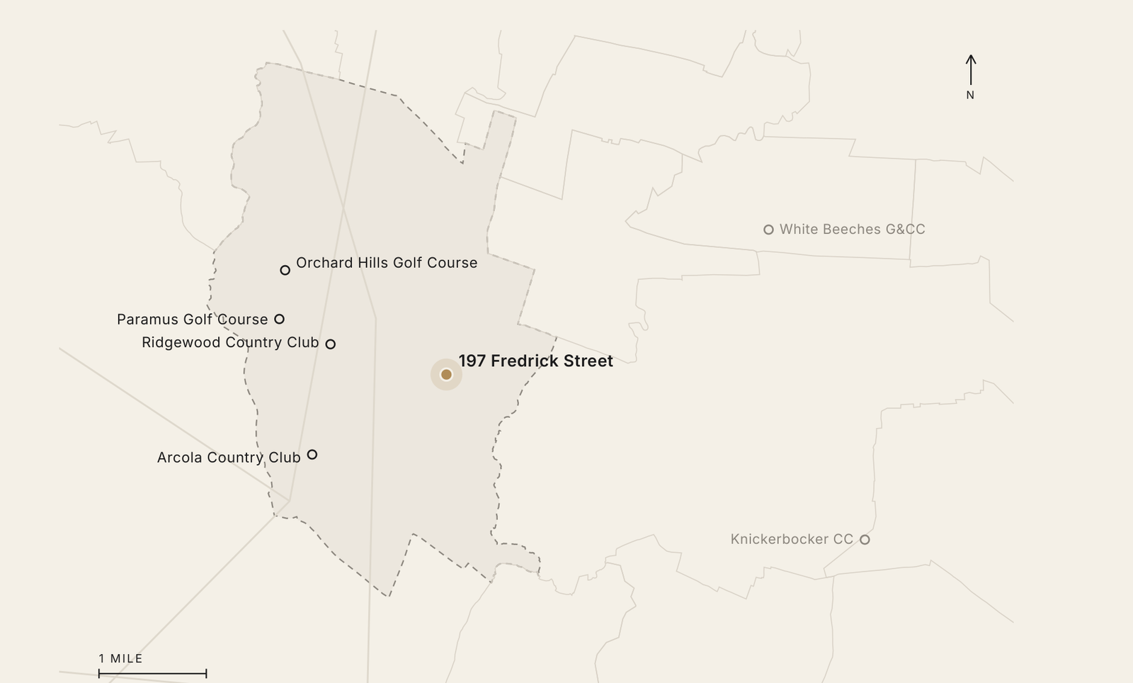 Map showing 197 Fredrick Street with Ridgewood, Arcola, Paramus, Orchard Hills, White Beeches and Knickerbocker golf courses