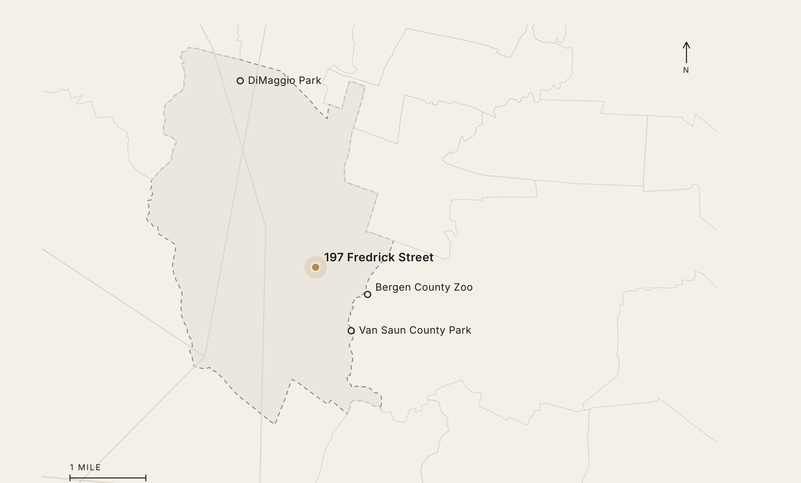 Map showing 197 Fredrick Street with Van Saun County Park, the Bergen County Zoo and DiMaggio Park