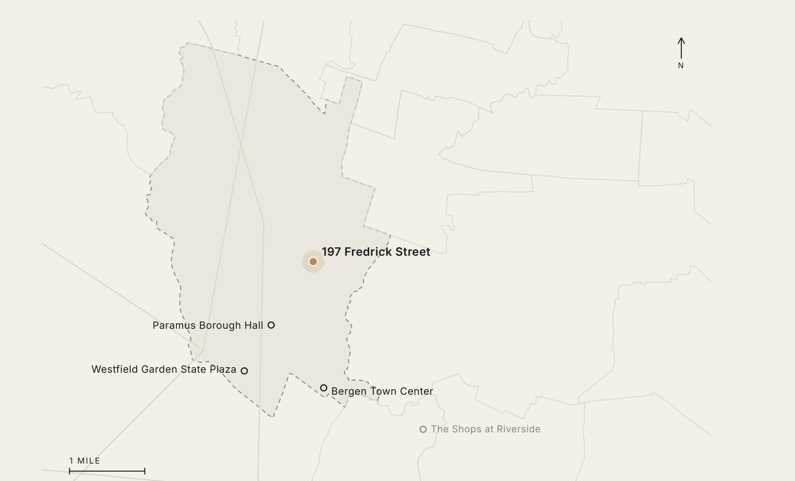 Map of Paramus showing 197 Fredrick Street with Paramus Borough Hall, Westfield Garden State Plaza, Bergen Town Center and The Shops at Riverside